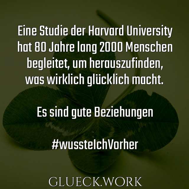 Eine Studie der Harvard University 
hat 80 Jahre lang 2000 Menschen
begleitet, um herauszufinden, 
was wirklich glücklich macht.

Es sind gute Beziehungen

#wussteIchVorher